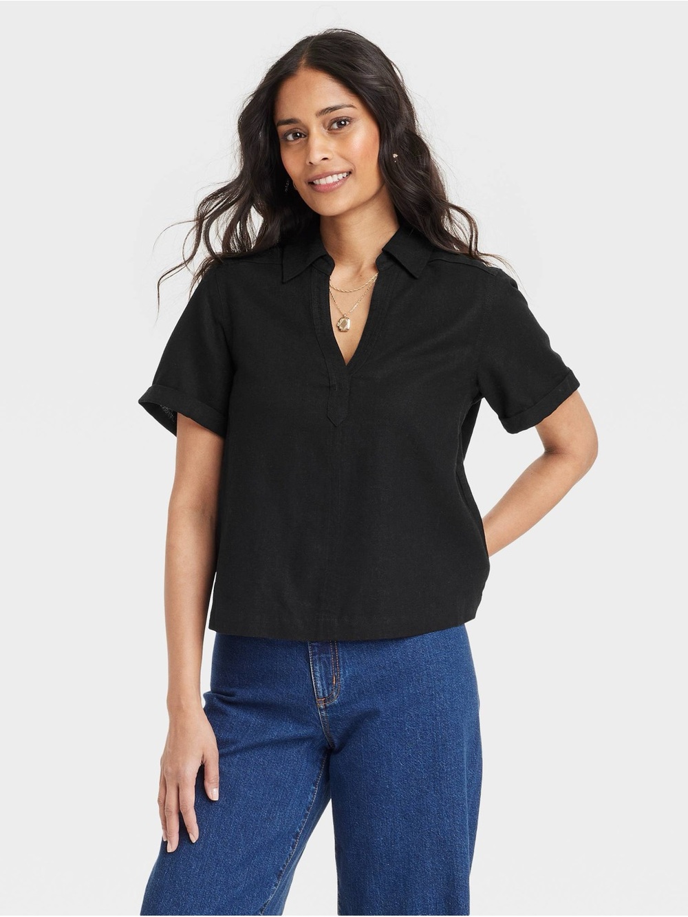 Universal Thread Short Sleeve Popover Blouse Black Large